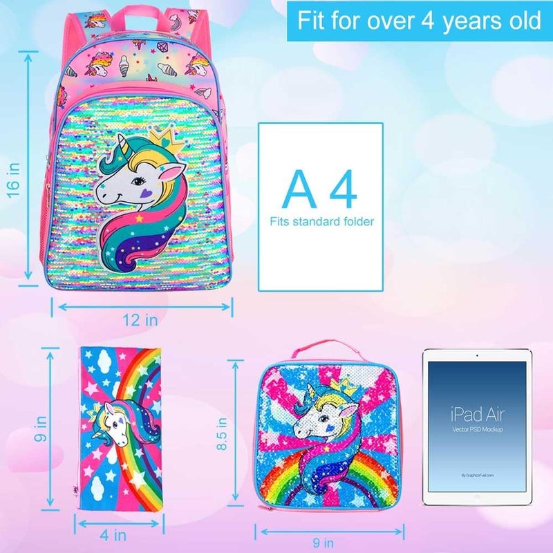 gxtvo 3PCS Unicorn Backpack for Girls, 16" Sequin Prechool Elementary Bookbag and Lunch Box - Image 4